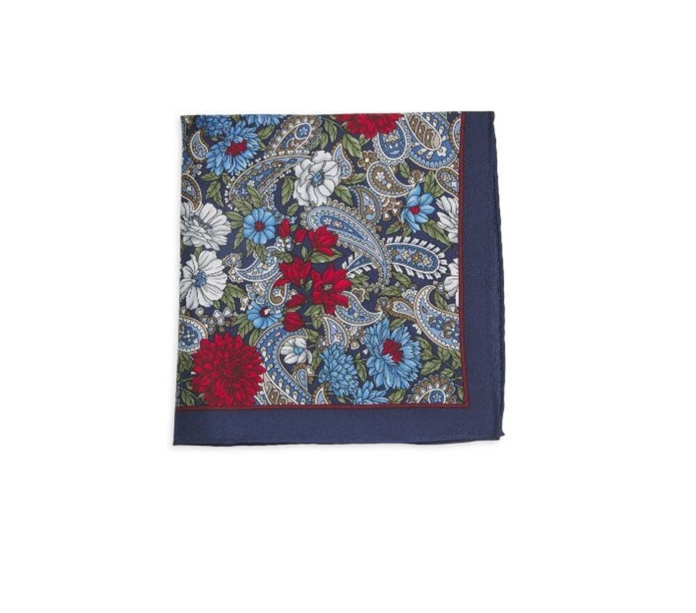 $75 NWT Robert Graham Mixed-Print Navy Red 100% Silk Pocket Square Hankerchief